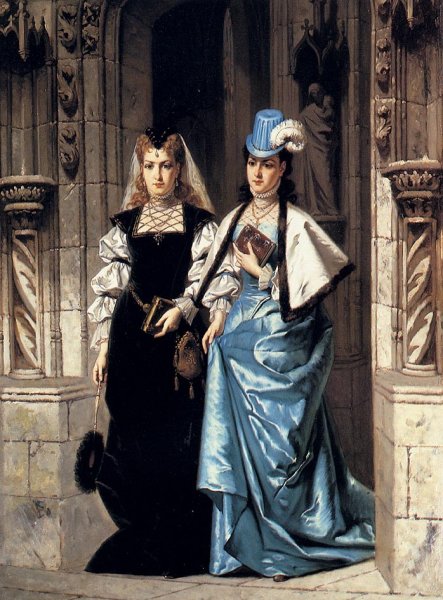Main Product Photo of Two Elegant Ladies Leaving a Church Painting by Ladislaus Bakalowicz