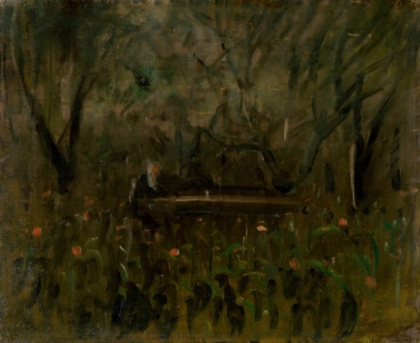 In the Garden at the Table  by Ladislav Mednyanszky - Hand-Painted Oil Painting Reproduction