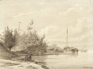 Landschap met gemeerde boten aan een rivieroever by Lambertus Hardenberg Oil Painting