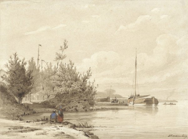 Main Product Photo of Landschap met gemeerde boten aan een rivieroever  Painting by Lambertus Hardenberg
