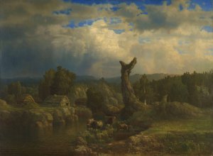 Summer Landscape, Thunder looms by Lars Hertervig Oil Painting