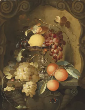 Grapes and a lemon on a tazza, with oranges on a ledge in a sculpted stone niche Oil painting by Laurens Craen