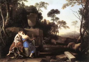 Landscape with Peace and Justice Embracing by Laurent De La Hire - Oil Painting Reproduction