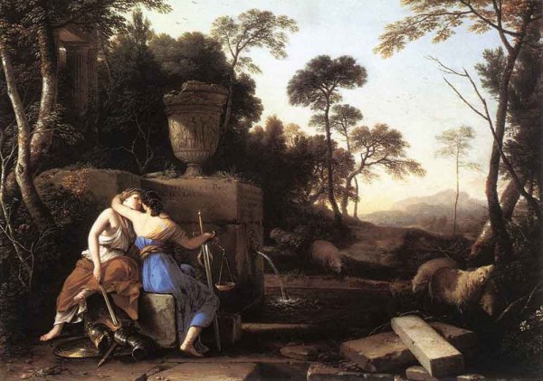 Main Product Photo of Landscape with Peace and Justice Embracing Painting by Laurent De La Hire
