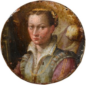 Portrait of a young woman, bust-length, in a green dress with pink sleeves by Lavinia Fontana Oil Painting