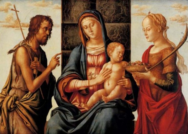 The Madonna and Child Enthroned with Saints John the Baptist and Dorothy Tempera on Panel 