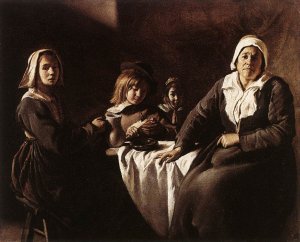 Four Figures at Table by Le Nain Brothers Oil Painting