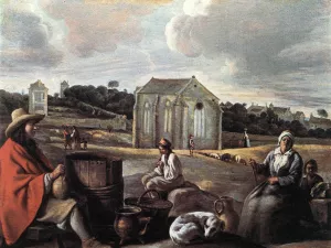 Landscape with Peasants and a Chapel by Le Nain Brothers Oil Painting