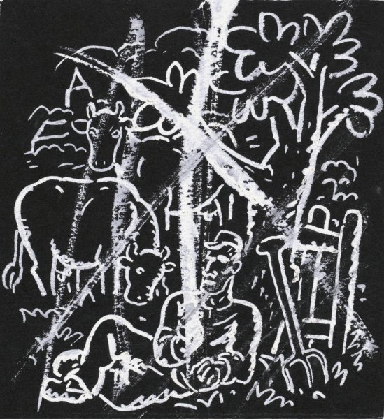 Main Product Photo of Boer rustend onder een boom in een weiland met koeien  Painting by Leo Gestel