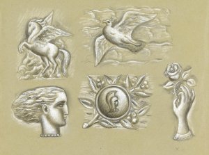 Ontwerpen voor een watermerk van een bankbiljet; Pegasus, duif, vrouwenhoofd, wapen en hand met roos by Leo Gestel Oil Painting