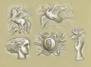 Ontwerpen voor een watermerk van een bankbiljet; Pegasus, duif, vrouwenhoofd, wapen en hand met roos by Leo Gestel Oil Painting