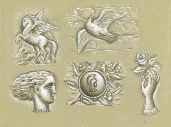 Main Product Photo of Ontwerpen voor een watermerk van een bankbiljet; Pegasus, duif, vrouwenhoofd, wapen en hand met roos  Painting by Leo Gestel