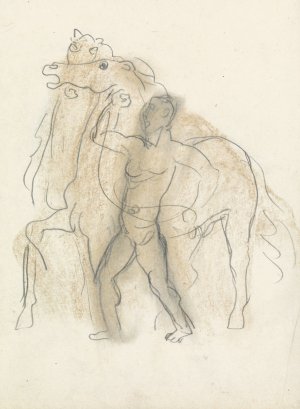 Schetsblad met man, die twee paarden in bedwang houdt by Leo Gestel Oil Painting