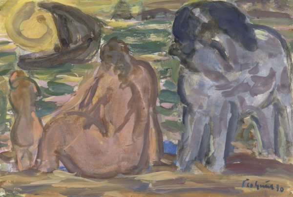 Main Product Photo of Twee naakte figuren en een paard aan de zee  Painting by Leo Gestel