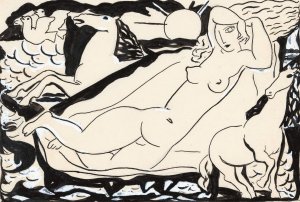 Venus Vignet voor boek 'L'art Hollandais contemporain'van Paul Fierens; liggend naakt met daarbij afgebeeld twee paarden en twee duiven by Leo Gestel Oil Painting