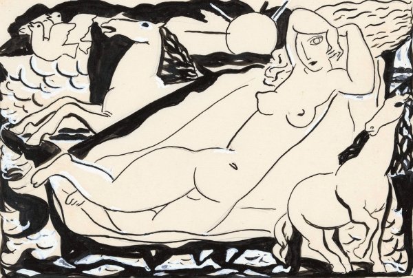 Main Product Photo of Venus Vignet voor boek 'L'art Hollandais contemporain'van Paul Fierens; liggend naakt met daarbij afgebeeld twee paarden en twee duiven  Painting by Leo Gestel