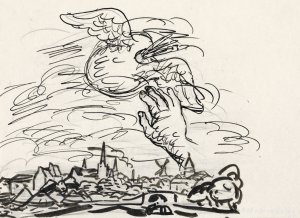 Zonder titel Schets vignet voor biografie van Gestel door Van der Pluym, gezicht op Woerden met daarboven een hand die reikt naar een gevleugeld palet by Leo Gestel Oil Painting
