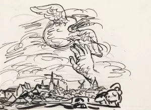 Zonder titel Schets vignet voor biografie van Gestel door Van der Pluym, gezicht op Woerden met daarboven een hand die reikt naar een gevleugeld palet by Leo Gestel Oil Painting