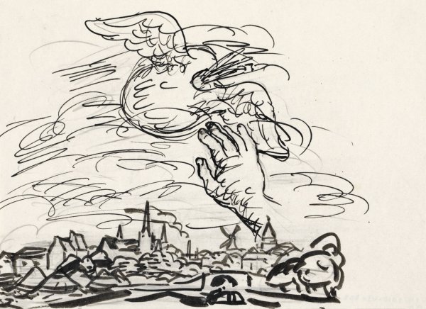 Main Product Photo of Zonder titel Schets vignet voor biografie van Gestel door Van der Pluym, gezicht op Woerden met daarboven een hand die reikt naar een gevleugeld palet  Painting by Leo Gestel