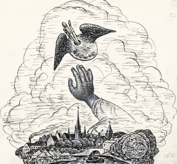 Main Product Photo of Zonder titel Vignet voor biografie van Gestel door Van der Pluym, gezicht op Woerden met daarboven een hand die reikt naar een gevleugeld palet  Painting by Leo Gestel