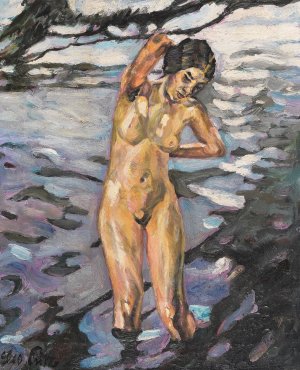 Badende, stehender weiblicher Akt by Leo Putz Oil Painting