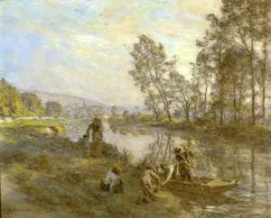 Figures by a Country Stream painting by Leon-Augustin L'Hermitte