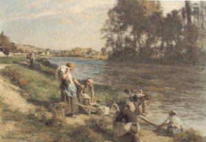 Laveuses au Bord de la Marne Oil painting by Leon-Augustin L'Hermitte