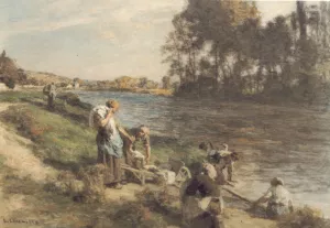 Laveuses au Bord de la Marne Oil painting by Leon-Augustin L'Hermitte