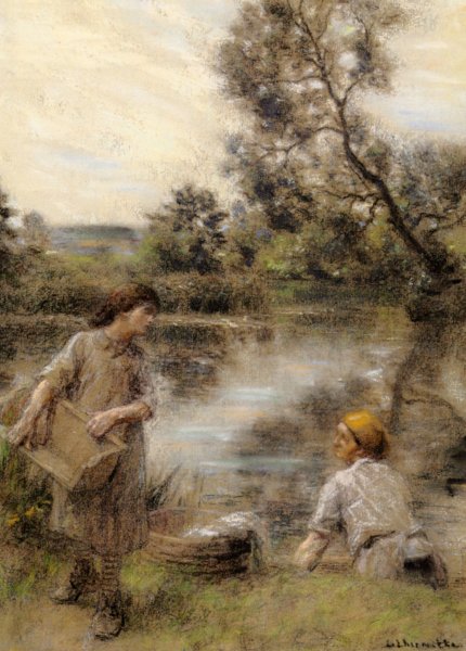 Laveuses Bord de Marne ou Lavandiere et sa fille au Bord de la Riviere by Leon-Augustin L'Hermitte - Hand-Painted Oil Painting Reproduction