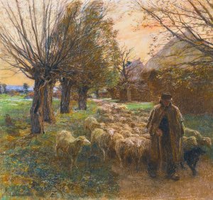 Le berger et son troupeau, le soir by Leon Augustin Lhermitte Oil Painting