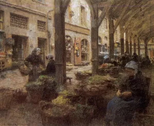 The Covered Vegetable Market, St Malo no.2 by Leon-Augustin L'Hermitte Oil Painting