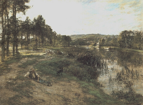 Troupeau au bord de l'eau by Leon-Augustin L'Hermitte - Hand-Painted Oil Painting Reproduction