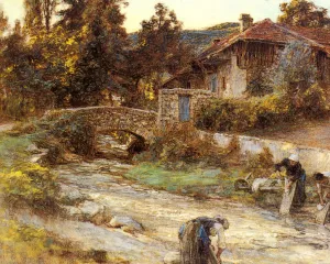 Washerwomen at a Stream with Buildings Beyond