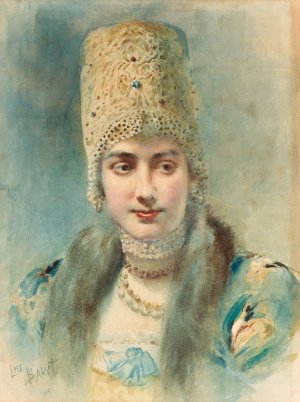 Girl Wearing a Kokoshnik and Pearl Choker by Leon Bakst Oil Painting