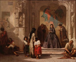 Jeune femme faisant la charite a l'entree de la chapelle de l'hopital San Sebastian a Cordoue by Leon Bonnat Oil Painting