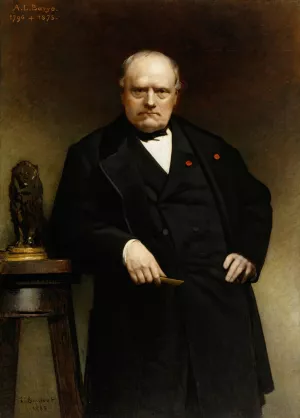 Portrait of Barye with a Wax Model of 'Seated Lion' by Leon Bonnat Oil Painting