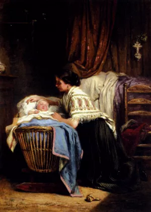 The Watchful Mother by Leon Caille Oil Painting