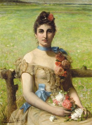 Portrait of Lady Holding a Posey by Leon Herbo Oil Painting