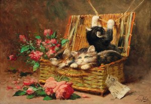 A Basket of Cats by Leon Huber Oil Painting