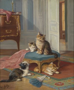 Die Katzenfamilie by Leon Huber Oil Painting