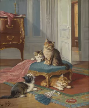 Die Katzenfamilie by Leon Huber Oil Painting