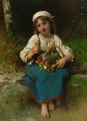 Young girl with a basket of flowers by Leon-Jean-Basile Perrault Oil Painting