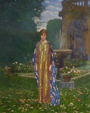 Lady in the garden at a fountain - Springtime by Leon Kamir-Kaufmann Oil Painting