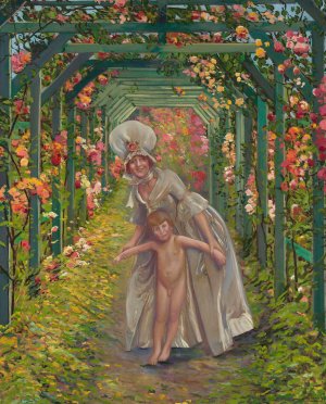 Woman with a nude boy - Summer by Leon Kamir-Kaufmann Oil Painting