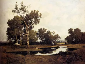 A Faggot Gatherer By A Quiet Pool Oil painting by Leon Richet