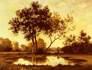 Figure Beside a Pool in a Wooded Landscape by Leon Richet - Oil Painting Reproduction
