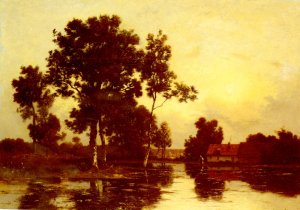 Paysage De Riviere Au Crepuscule by Leon Richet Oil Painting
