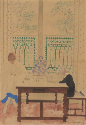 Vrouw met kind lezend aan tafel by Leon Spilliaert Oil Painting