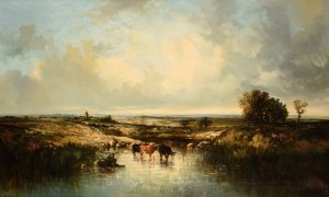 Animaux a l'abreuvoir Oil painting by Leon-Victor Dupre