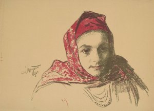 Head of a girl from Cracow in a red scarf by Leon Wyczolkowski Oil Painting